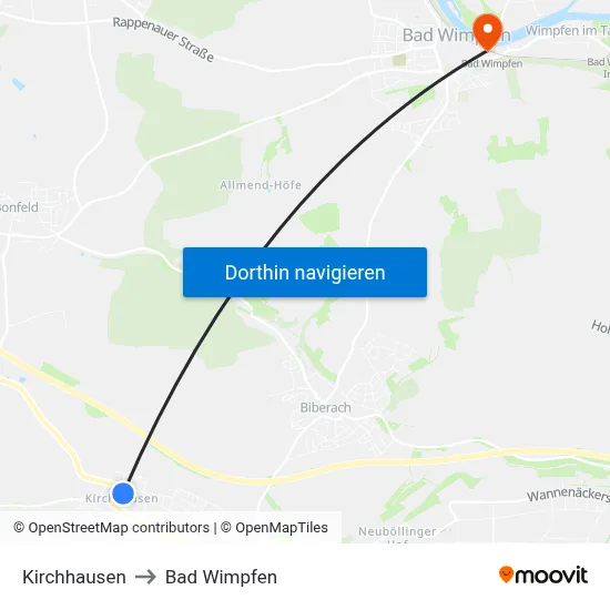 Kirchhausen to Bad Wimpfen map