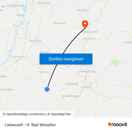 Liebenzell to Bad Wimpfen map