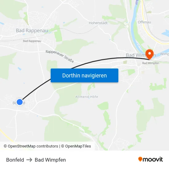 Bonfeld to Bad Wimpfen map