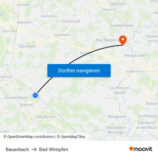 Bauerbach to Bad Wimpfen map