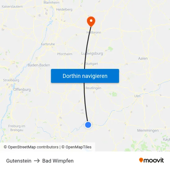 Gutenstein to Bad Wimpfen map
