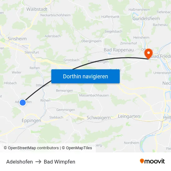 Adelshofen to Bad Wimpfen map