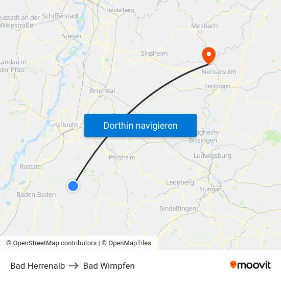 Bad Herrenalb to Bad Wimpfen map