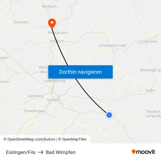 Eislingen/Fils to Bad Wimpfen map