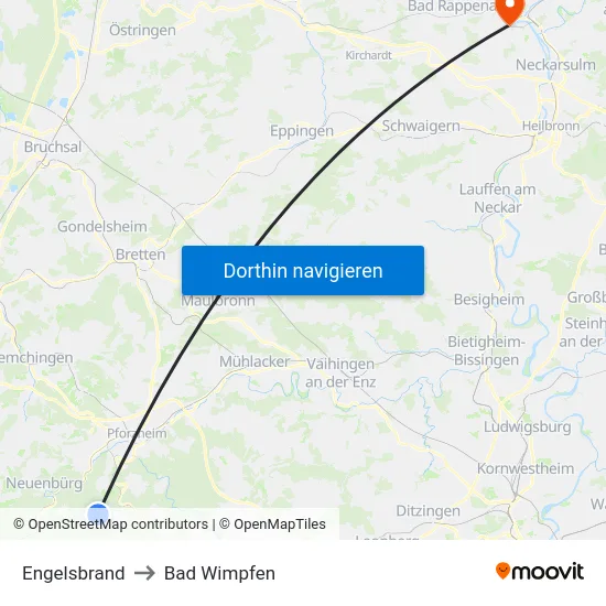 Engelsbrand to Bad Wimpfen map