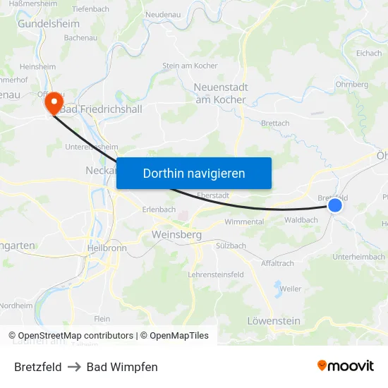 Bretzfeld to Bad Wimpfen map