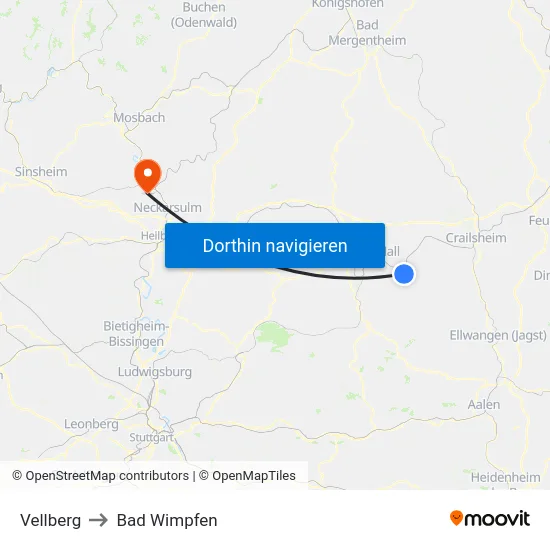Vellberg to Bad Wimpfen map