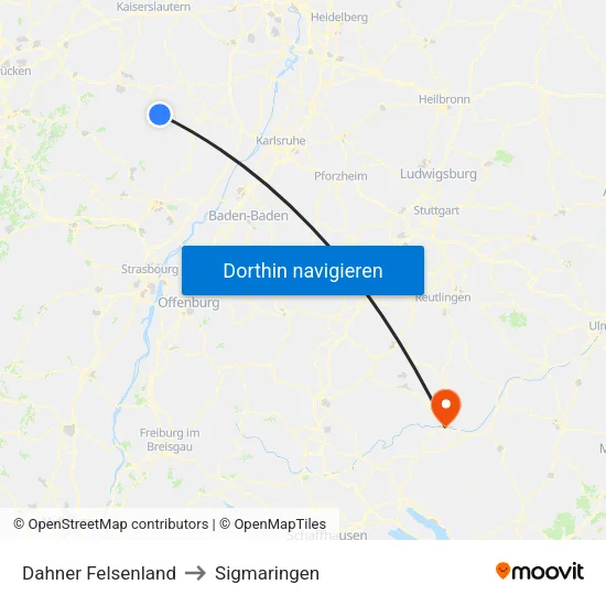 Dahner Felsenland to Sigmaringen map