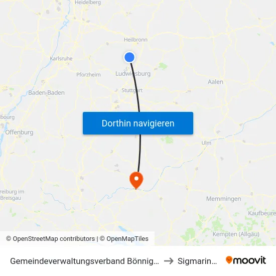 Gemeindeverwaltungsverband Bönnigheim to Sigmaringen map