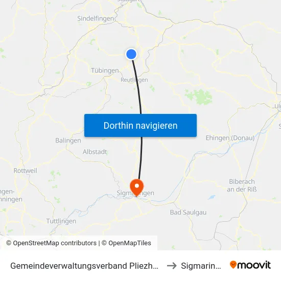 Gemeindeverwaltungsverband Pliezhausen to Sigmaringen map