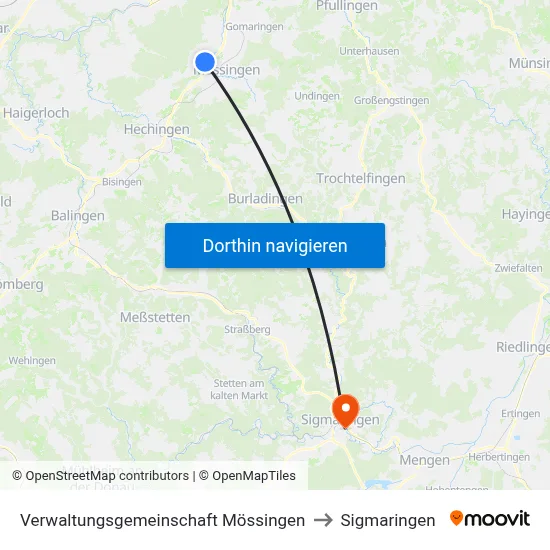 Verwaltungsgemeinschaft Mössingen to Sigmaringen map