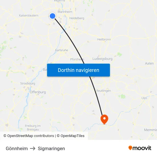 Gönnheim to Sigmaringen map