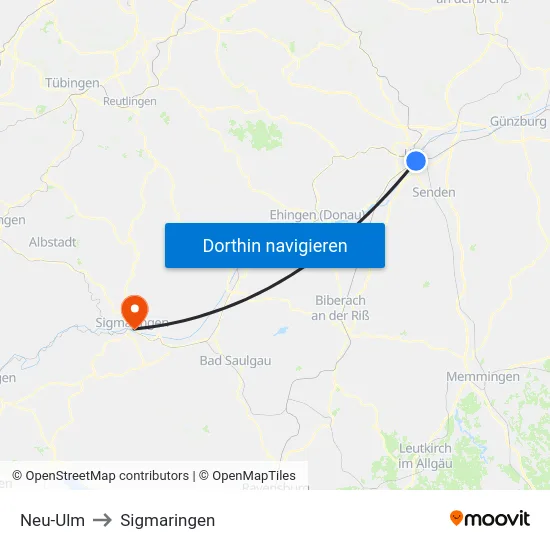 Neu-Ulm to Sigmaringen map