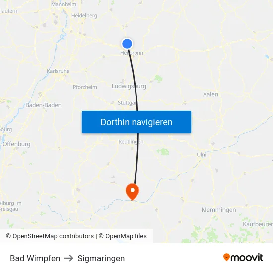 Bad Wimpfen to Sigmaringen map