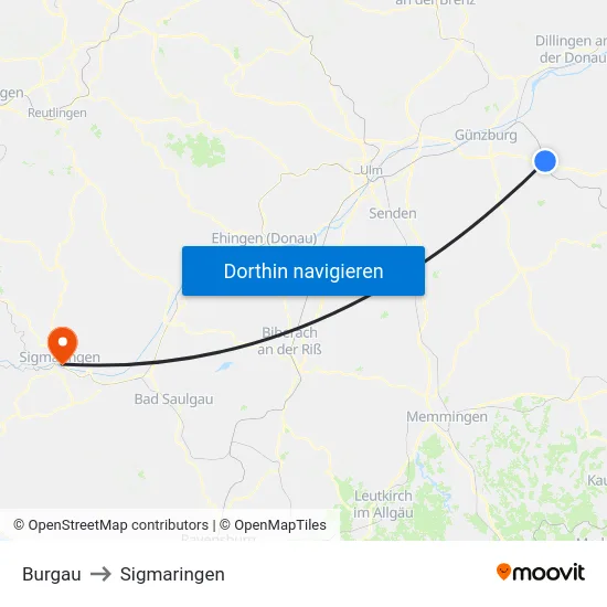 Burgau to Sigmaringen map