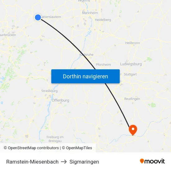 Ramstein-Miesenbach to Sigmaringen map