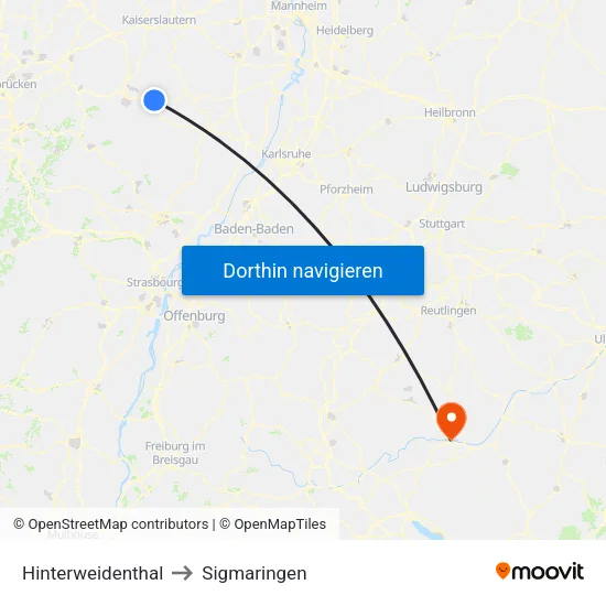 Hinterweidenthal to Sigmaringen map