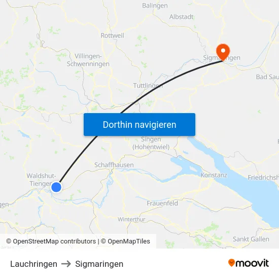 Lauchringen to Sigmaringen map
