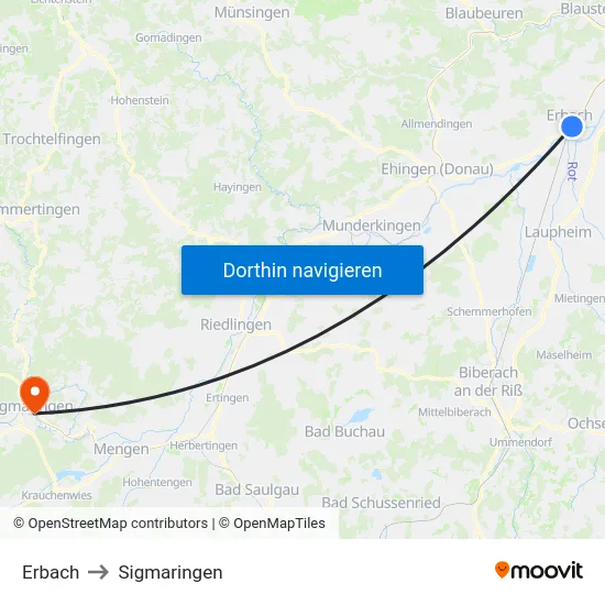 Erbach to Sigmaringen map