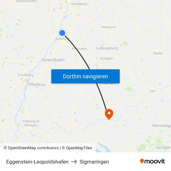 Eggenstein-Leopoldshafen to Sigmaringen map
