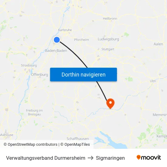 Verwaltungsverband Durmersheim to Sigmaringen map