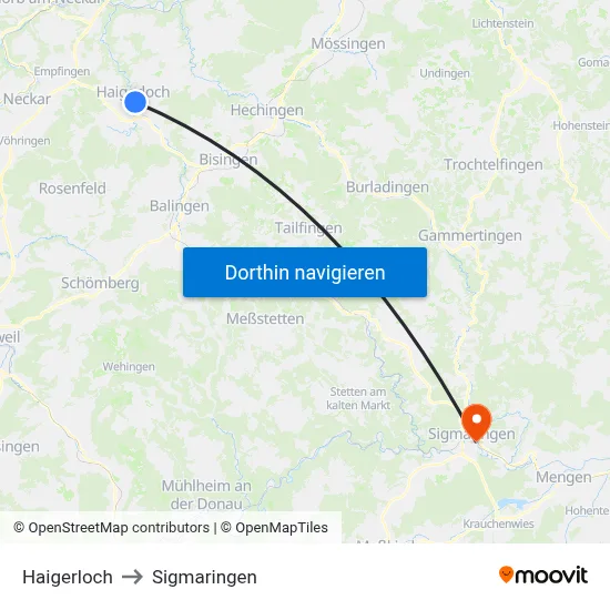 Haigerloch to Sigmaringen map