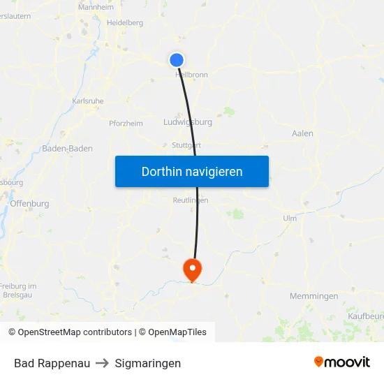 Bad Rappenau to Sigmaringen map