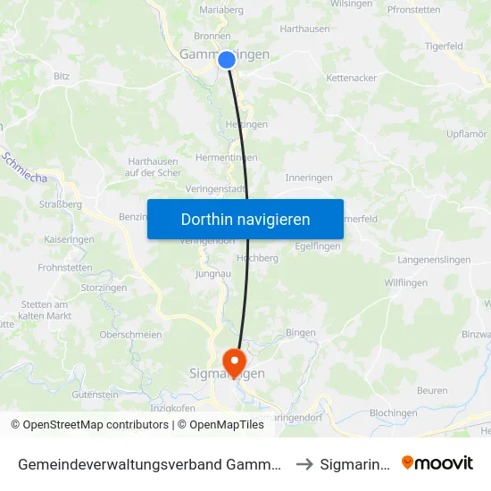 Gemeindeverwaltungsverband Gammertingen to Sigmaringen map
