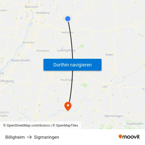 Billigheim to Sigmaringen map