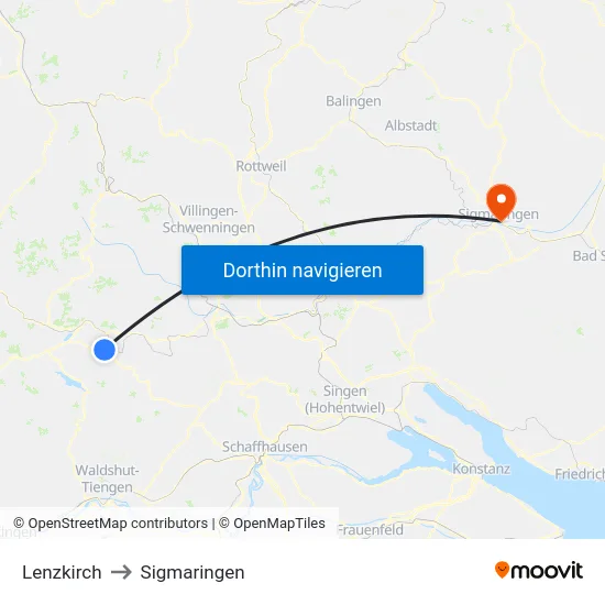 Lenzkirch to Sigmaringen map
