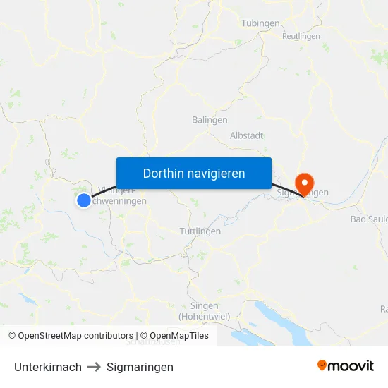 Unterkirnach to Sigmaringen map