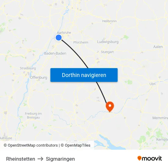 Rheinstetten to Sigmaringen map
