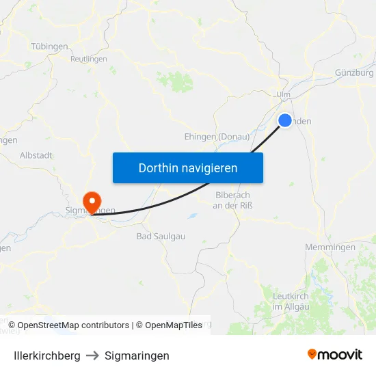 Illerkirchberg to Sigmaringen map