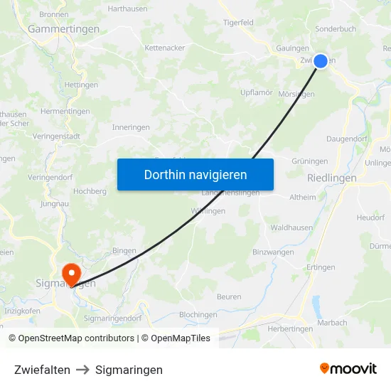 Zwiefalten to Sigmaringen map