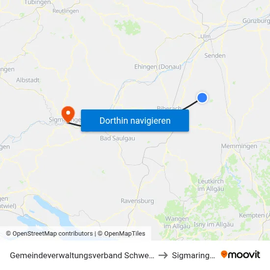 Gemeindeverwaltungsverband Schwendi to Sigmaringen map