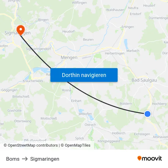 Boms to Sigmaringen map