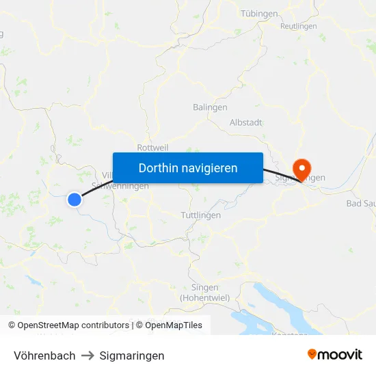 Vöhrenbach to Sigmaringen map
