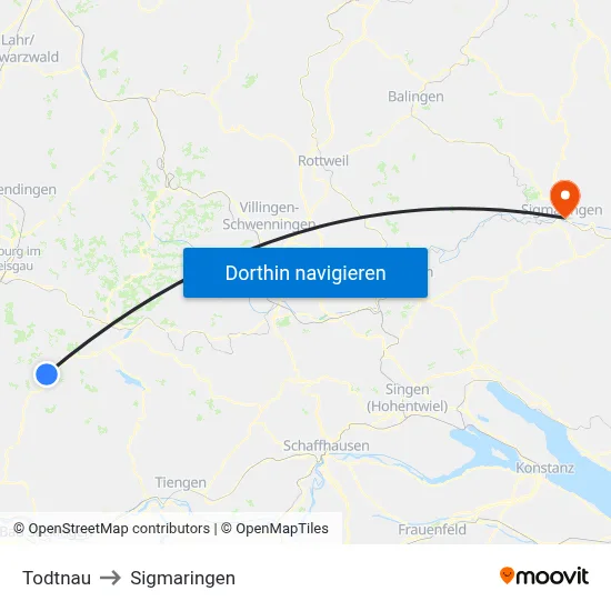 Todtnau to Sigmaringen map