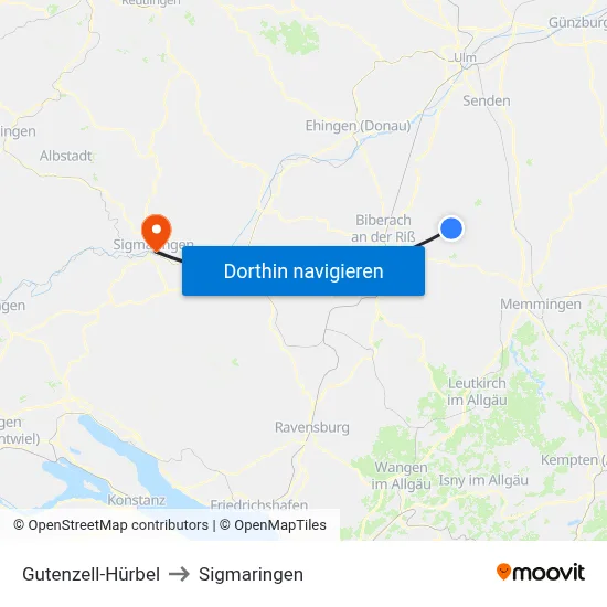 Gutenzell-Hürbel to Sigmaringen map