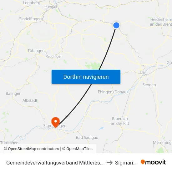 Gemeindeverwaltungsverband Mittleres Fils-Lautertal to Sigmaringen map