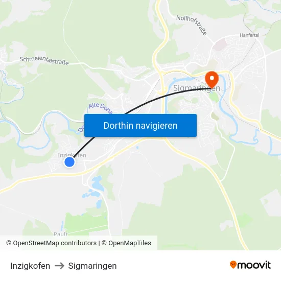 Inzigkofen to Sigmaringen map