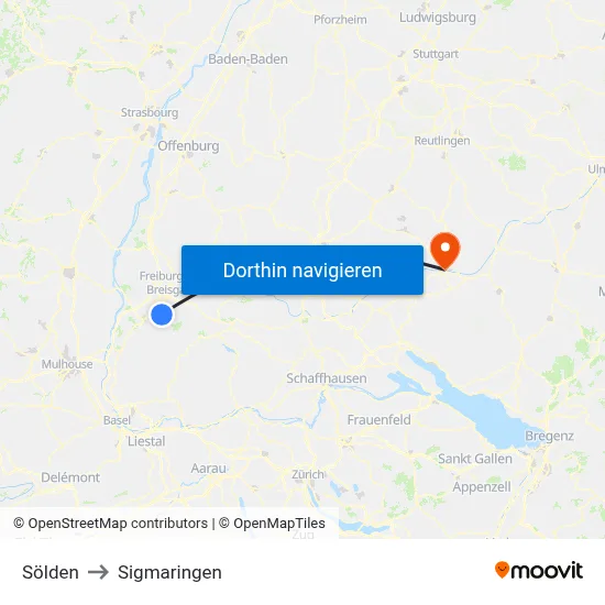 Sölden to Sigmaringen map