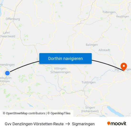 Gvv Denzlingen-Vörstetten-Reute to Sigmaringen map