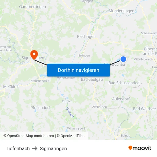 Tiefenbach to Sigmaringen map
