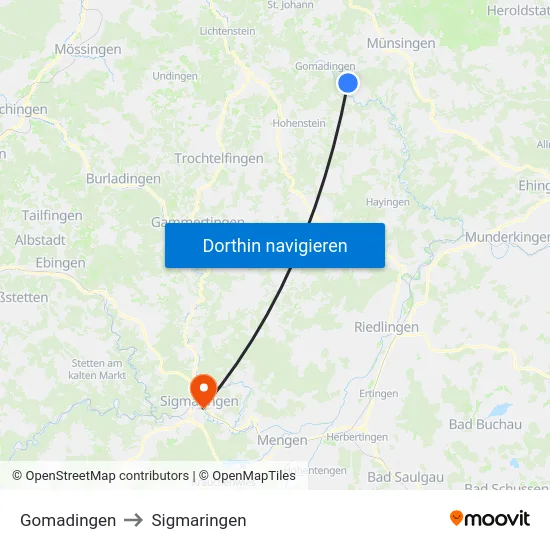 Gomadingen to Sigmaringen map