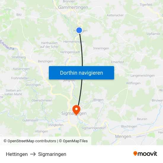 Hettingen to Sigmaringen map