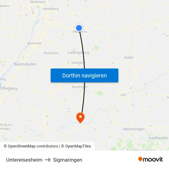 Untereisesheim to Sigmaringen map