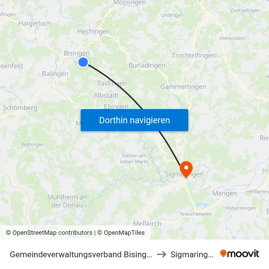 Gemeindeverwaltungsverband Bisingen to Sigmaringen map