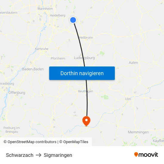 Schwarzach to Sigmaringen map