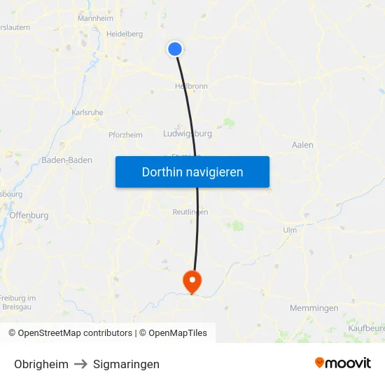 Obrigheim to Sigmaringen map